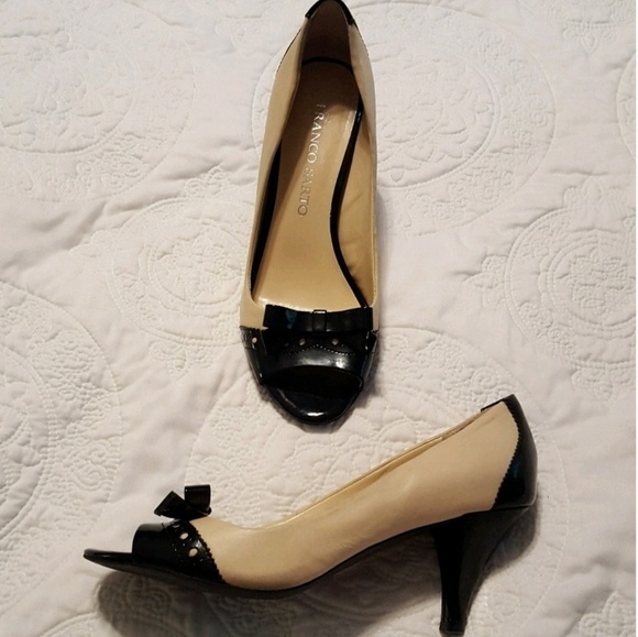 Franco Sarto-Leather Peep‎ Toe Black & Cream Heels - Picture 3 of 7